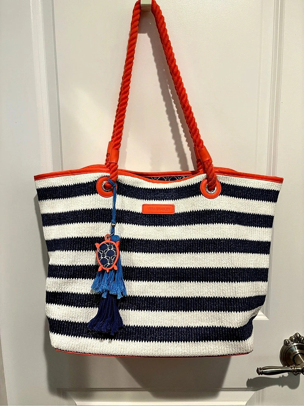 Vera Bradley Sunny Medallion Straw Beach Tote Blue & White